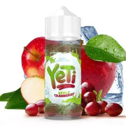 A 100ml bottle of YETI E-Liquid Apple Cranberry flavor, accompanied by images of apples and cranberries, with a ice cube and leaves for decoration.